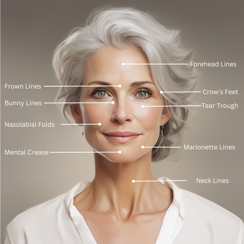 Image showing the different types of wrinkles that can appear on a person's face as they age. 